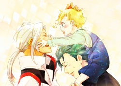 Rule 34 | 10s, 3boys, aged down, asem asuno, asemu asuno, blonde hair, carrying, child, closed eyes, father and son, flit asuno, green hair, gundam, gundam age, hanagosui, male focus, multiple boys, piggyback, ponytail, shoulder carry, sideburns, star (symbol), white hair, woolf enneacle