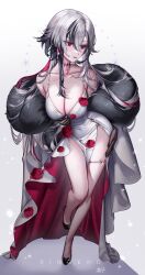 Rule 34 | 1girl, absurdres, arlecchino (genshin impact), bare legs, bare shoulders, black eyes, black footwear, black hair, breasts, cleavage, commentary, dress, full body, genshin impact, gradient background, grey background, grey hair, highres, large breasts, long hair, multicolored hair, off shoulder, ringeko-chan, shoes, sleeveless, sleeveless dress, solo, streaked hair, thighs, very long hair, white dress