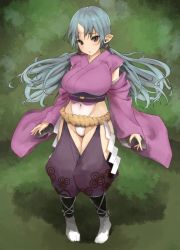 Rule 34 | 1girl, :o, belt, blue hair, blush, breasts, brown eyes, covered navel, crop top, cross-laced clothes, detached sleeves, embarrassed, floral print, full body, garter straps, green background, grey eyes, groin, hair tie, highleg, highleg leotard, horns, japanese clothes, kimono, large breasts, legs together, leotard, long hair, long sleeves, looking at viewer, low twintails, no shoes, obi, obmas, oni, oni horns, original, parted bangs, parted lips, pointy ears, rope, sash, shadow, shide, shin guards, silver hair, simple background, single horn, slit pupils, solo, standing, tabi, thighs, twintails, underbust, white legwear, white leotard, wide sleeves