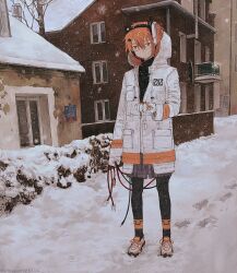 Rule 34 | 1girl, adachi rei, alicejoza, artist name, black thighhighs, coat, dated, expressionless, gloves, grey skirt, highres, holding, hood, hood up, orange eyes, orange hair, plaid, plaid skirt, shoes, skirt, sneakers, snow, snowing, solo, thighhighs, white coat, white gloves, wire