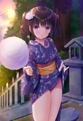 Rule 34 | 1girl, black hair, blush, bow, bow panties, breasts, clothes lift, commentary request, cotton candy, floral print, flower, food, groin, hair flower, hair ornament, highres, holding, holding food, japanese clothes, kimono, kimono lift, lantern, lifting own clothes, long sleeves, looking at viewer, obi, original, panties, parted lips, print kimono, purple kimono, purple panties, railing, red eyes, sash, shiwasu horio, small breasts, solo, stairs, standing, stone stairs, sweat, tree, twintails, underwear, white flower, wide sleeves