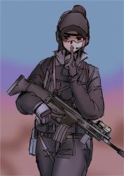 Rule 34 | 1girl, assault rifle, baseball cap, black gloves, black hat, black jacket, black pants, blurry, blurry background, closed mouth, commission, copyright request, depth of field, ear protection, finger to mouth, fn scar, gloves, goggles, gun, hat, headset, highres, holding, holding gun, holding weapon, jacket, laser aiming module, pants, rifle, sharpy (kdy000913), shushing, solo, trigger discipline, weapon