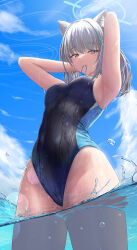 Rule 34 | 1girl, animal ear fluff, animal ears, armpits, arms behind head, arms up, bare shoulders, blue archive, blue eyes, blue one-piece swimsuit, blush, breasts, cross hair ornament, grey hair, hair ornament, halo, highleg, highleg swimsuit, highres, light rays, looking at viewer, medium breasts, medium hair, multicolored clothes, multicolored swimsuit, one-piece swimsuit, revision, shiroko (blue archive), shiroko (swimsuit) (blue archive), sidelocks, silver bullet (ecc12 8), sunlight, swimsuit, thighs, wading, wet, wolf ears