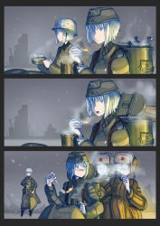 Rule 34 | 3koma, 4girls, backpack, bag, blue eyes, blunt bangs, boots, brown hair, buttons, combat helmet, comic, cup, double-breasted, erica (naze1940), food, gun, hat, helmet, highres, jacket, military, military hat, military jacket, military uniform, multiple girls, open mouth, original, red star, ruins, russian clothes, short hair, silver hair, sitting, snow, snowing, spoon, stahlhelm, star (symbol), steam, submachine gun, surprised, teeth, tongue, uniform, weapon, world war ii