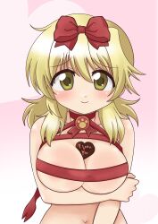 Rule 34 | 1girl, absurdres, blonde hair, blush, breast hold, breasts, candy, chocolate, chocolate heart, cleavage, dard drak, food, heart, hidamari sketch, highres, large breasts, long hair, looking at viewer, miyako (hidamari sketch), naked ribbon, red ribbon, ribbon, smile, solo, valentine, yellow eyes