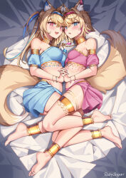 Rule 34 | 2girls, alternate costume, animal ear fluff, animal ears, barefoot, blonde hair, blue eyes, blue hair, blue nails, blue skirt, blue tube top, blush, breasts, dog ears, dog girl, dog tail, fang, feet, fuwawa abyssgard, highres, hololive, hololive english, interlocked fingers, large breasts, looking at viewer, lying, mococo abyssgard, multicolored hair, multiple girls, nail polish, on side, open mouth, pink eyes, pink hair, pink nails, pink skirt, pink tube top, ruby suguri, sidelocks, skin fang, skirt, small breasts, smile, soles, strapless, streaked hair, tail, toenail polish, toenails, tube top, two side up, virtual youtuber
