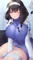 Rule 34 | 1girl, absurdres, aowa (dakahi1009), armband, bandages, black hair, blush, bra visible through clothes, braid, breasts, dress, goddess of victory: nikke, grin, hairband, highres, huge breasts, intravenous drip, jacket, jewelry, long hair, looking at viewer, mary (nikke), necklace, one eye closed, purple dress, purple eyes, sitting, smile, solo, sweater, sweater dress, syringe, thick thighs, thighs, white hairband, white jacket