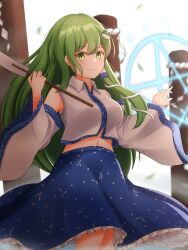 Rule 34 | 1girl, blue skirt, blurry, blurry background, closed mouth, collared shirt, commentary, detached sleeves, frilled skirt, frills, frog hair ornament, gohei, green eyes, green hair, hair ornament, hair tubes, hatoman (ytef4434), highres, holding, kochiya sanae, long hair, looking at viewer, navel, onbashira, pentagram, shirt, skirt, smile, snake hair ornament, solo, touhou, white background, white shirt, wide sleeves