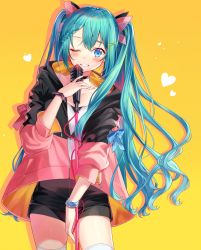 Rule 34 | 1girl, ;d, aqua hair, black shorts, blue eyes, blue hair, blue ribbon, blush, bracelet, braid, braided bangs, cable, green hair, hair ornament, hairclip, hatsune miku, heart, highres, holding, holding microphone stand, hood, hood down, hoodie, ion (on01e), jewelry, long hair, long sleeves, looking at viewer, microphone stand, multicolored hair, one eye closed, open mouth, pink hair, pink ribbon, ribbon, see-through, shorts, simple background, single braid, smile, solo, spaghetti strap, streaked hair, symbol-only commentary, thighhighs, twintails, two-sided fabric, very long hair, vocaloid, white thighhighs, yellow background, zipper pull tab