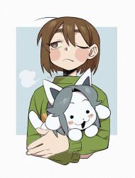 Rule 34 | 1other, absurdres, brown eyes, brown hair, chara (undertale), closed mouth, green sweater, highres, kageimo, long sleeves, one eye closed, short hair, sweater, temmie, undertale