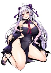 Rule 34 | 1girl, absurdres, agetama, ahoge, bare legs, bare shoulders, breasts, cleavage, divine gate, earrings, flower, full body, hair flower, hair ornament, hair ribbon, heart, heart-shaped pupils, heart earrings, highres, horns, jewelry, large breasts, long hair, looking at viewer, nail polish, neck ribbon, no panties, pelvic curtain, pink eyes, pink nails, purple flower, purple hair, purple ribbon, purple rose, red ribbon, ribbon, rose, sandals, simple background, sitting, smile, solo, symbol-shaped pupils, toenail polish, toenails, white background