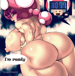 Rule 34 | 1girl, absurdres, ass, big hair, breasts, curvy, drawing, english text, female focus, highres, huge ass, huge breasts, magentapeel, mature female, muscular, muscular female, nintendo, nintendo switch, nude, plump, toadette
