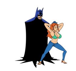 Rule 34 | 1boy, 1girl, age difference, animated, animated gif, annoyed, ass shake, batman, batman (series), bikini, bouncing breasts, breasts, cleavage, closed eyes, coat, crossover, dancing, dc comics, denim, diepod, expressionless, feet, flat color, hat, jeans, large breasts, lowres, mask, nami (one piece), navel, one piece, orange hair, pants, simple background, source request, standing, swimsuit, third-party edit, twerking, white background