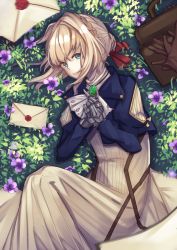 Rule 34 | 10s, amoi, blonde hair, blue eyes, braid, brown gloves, dress, envelope, from above, gloves, unworn gloves, looking at viewer, lying, mechanical hands, on side, solo, violet evergarden, violet evergarden (series)