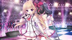 Rule 34 | 2girls, aunt and niece, bare shoulders, black hair, black thighhighs, blue eyes, bracelet, checkered floor, colored lights, concert, crowd, detached sleeves, dot nose, dress, elbow gloves, film grain, game cg, gloves, glowstick, hat, holding, holding microphone stand, idol, idol clothes, itsumura haruka, itsumura yukari, izumi tsubasu, jewelry, lace, lace gloves, lace pantyhose, light brown hair, low twintails, microphone stand, mini hat, miniskirt, multiple girls, necktie, non-web source, official art, open mouth, plaid, plaid necktie, plaid ribbon, plaid scrunchie, purple headwear, re:stage!, red headwear, red necktie, red ribbon, red scrunchie, red trim, ribbon, scrunchie, short dress, short sleeves, shoulder blades, skirt, sleeveless, sleeveless dress, solo focus, sparkle, speaker, stage, stage lights, thighhighs, tile floor, tiles, tilted headwear, twintails, two side up, white dress, white skirt, white sleeves, white thighhighs, wrist scrunchie, zettai ryouiki