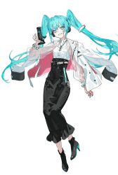 Rule 34 | 1girl, aqua eyes, aqua hair, black footwear, black skirt, commentary request, full body, grey background, hatsune miku, high heels, highres, jacket, jacket on shoulders, long hair, long skirt, looking at viewer, neco, official alternate costume, official art, outside border, shirt, skirt, smile, solo, standing, twintails, very long hair, vocaloid, white jacket, white shirt