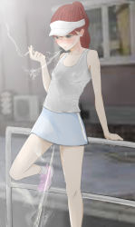 Rule 34 | 1girl, air conditioner, bare arms, bare shoulders, black eyes, blue skirt, blurry, blush, breasts, brown hair, casual peeing, cigarette, collarbone, depth of field, earrings, feet out of frame, grey shirt, happy peeing, hat, high ponytail, highres, holding, house, jewelry, leg up, long hair, looking down, miniskirt, outdoors, peeing, peeing self, pink footwear, ponytail, purposeful wetting, railing, shirt, shoes, skirt, small breasts, smoke, smoking, sneakers, socks, solo, standing, steam, sweat, tank top, tempura dozaemon, visor cap, wall, white hat, white socks, window