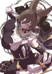 Rule 34 | 1girl, 218, animal ears, bare shoulders, black dress, blue hair, blush, breasts, brown hair, closed eyes, detached sleeves, dress, extra ears, frilled dress, frilled sleeves, frills, galleon (granblue fantasy), gloves, granblue fantasy, hair between eyes, hair ornament, horns, large breasts, long hair, multicolored hair, pointy ears, smile, solo, streaked hair, very long hair, white gloves