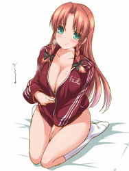 Rule 34 | 1girl, alternate costume, bottomless, braid, breasts, cleavage, green eyes, hong meiling, jacket, kneehighs, large breasts, long hair, looking at viewer, monety, naked jacket, no bra, no shoes, red hair, smile, socks, solo, touhou, track jacket, twin braids, unzipping, white socks