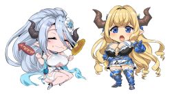 Rule 34 | 10s, 2girls, bare shoulders, blonde hair, blue eyes, blush, breasts, chibi, cleavage, closed eyes, dress, food, food on face, full body, granblue fantasy, horns, izmir, izmir (summer) (granblue fantasy), jumping, large breasts, long hair, looking at viewer, multiple girls, obui, open mouth, pointing, pointing at viewer, pointy ears, razia, silver hair, simple background, smile, standing, very long hair, white background