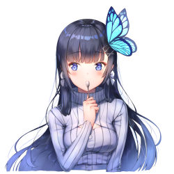 Rule 34 | 1girl, aoi nabi, black hair, blue eyes, bow, bow earrings, butterfly hair ornament, closed eyes, earrings, gradient hair, grey jacket, grey sweater, hair ornament, hairclip, highres, ijac ray, indie virtual youtuber, jacket, jewelry, long hair, looking to the side, meme attire, multicolored hair, open-chest sweater, spoon, sweater, virtual youtuber, white background
