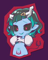 Rule 34 | 1girl, alternate skin color, belt, black hair, black sclera, blue belt, blue hair, blue skin, chaki (teasets), chest belt, chibi, colored sclera, colored skin, commentary request, cropped sweater, demon girl, demon horns, demon tail, fang, flat chest, grey sweater, hair ornament, hairclip, heart, highres, horns, long sleeves, looking down, medium hair, multicolored hair, nanashi inc., official alternate costume, open mouth, pointy ears, pubic tattoo, purple background, red eyes, shishio chris, shishio chris (2nd costume), simple background, solo, sugar lyric, sweater, tail, tattoo, two-tone hair, upper body, virtual youtuber