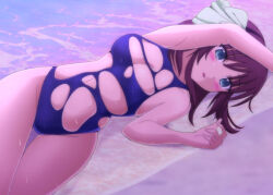 Rule 34 | 1girl, :o, angel beats!, arm up, bare arms, bare shoulders, beach, black hairband, blue one-piece swimsuit, blunt bangs, blush, bow, breasts, cleavage, commentary request, cowboy shot, curvy, dutch angle, eyes visible through hair, green bow, green eyes, groin, hair bow, hair spread out, hairband, hand up, lelie (lelie link), looking at viewer, lying, medium breasts, nakamura yuri, navel, ocean, on side, one-piece swimsuit, open mouth, outdoors, purple hair, shy, sidelocks, skindentation, solo, swimsuit, thigh gap, thighs, torn clothes, torn swimsuit, tsurime, twilight, water, wet