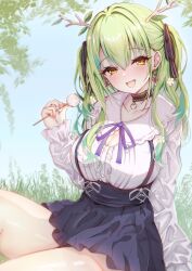 Rule 34 | 1girl, absurdres, antlers, black skirt, blush, ceres fauna, ceres fauna (jirai kei), choker, cleavage cutout, clothing cutout, collarbone, dot nose, earrings, fangs, flower, green hair, hair between eyes, hair flower, hair ornament, highres, hololive, hololive english, horns, jewelry, lace-trimmed choker, lace trim, long sleeves, looking at viewer, mito soosu, mole, mole under eye, neck ribbon, open mouth, outdoors, pink nails, pleated skirt, puffy long sleeves, puffy sleeves, purple ribbon, ribbon, shirt, sidelocks, skin fangs, skirt, solo, thighs, two side up, virtual youtuber, white shirt, yellow eyes