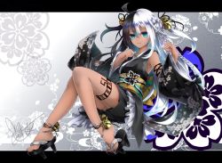 Rule 34 | 1girl, ahoge, anklet, aqua eyes, arm strap, bare shoulders, bell, black footwear, black hair, black kimono, black skirt, blue hair, braid, clogs, closed mouth, dark-skinned female, dark skin, detached sleeves, floral background, fox shadow puppet, frilled kimono, frills, full body, geta, gradient background, hair bell, hair ornament, invisible chair, japanese clothes, jewelry, jingle bell, kimono, letterboxed, long hair, long sleeves, looking at viewer, multicolored hair, obi, original, pleated skirt, sash, sitting, skirt, smile, solo, thigh strap, tyouya, very long hair, white hair, wide sleeves