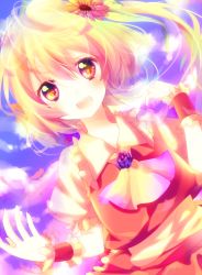Rule 34 | 1girl, bad id, bad pixiv id, blonde hair, dutch angle, female focus, flandre scarlet, flower, hair flower, hair ornament, happy, no headwear, open mouth, red eyes, riichu, side ponytail, smile, solo, touhou, wrist cuffs