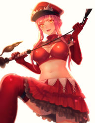 Rule 34 | 1girl, alternate costume, blunt bangs, breasts, cleavage, fate/grand order, fate (series), gloves, hat, long hair, looking at viewer, medb (alluring chief warden look) (fate), medb (fate), medium breasts, military hat, moe (hamhamham), navel, open mouth, peaked cap, pink hair, riding crop, skirt, smile, solo, whip, yellow eyes