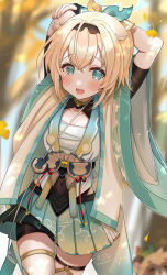 Rule 34 | 1girl, :d, arms behind head, arms up, black shorts, blonde hair, blue skirt, blurry, blurry background, blush, breasts, cleavage, collarbone, covered navel, day, depth of field, green eyes, hair between eyes, highres, hololive, kazama iroha, looking at viewer, masshirokachi, medium breasts, open mouth, pleated skirt, sarashi, short shorts, short sleeves, shorts, skindentation, skirt, smile, solo, thigh strap, virtual youtuber