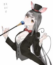 Rule 34 | 1girl, animal ears, black coat, black hat, bow, bowtie, breasts, brown eyes, cleavage, closed mouth, coat, completion time, copyright request, ears through headwear, grey hair, grey vest, hat, head tilt, highres, holding, holding scepter, long hair, looking at viewer, magician, medium breasts, mini hat, mini top hat, neko (ganecooo), red bow, red bowtie, scepter, shirt, simple background, solo, tail, tailcoat, top hat, traditional bowtie, very long hair, vest, white background, white shirt