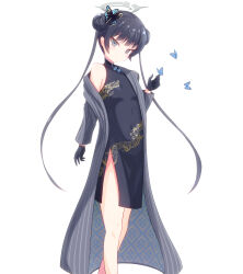 Rule 34 | 1girl, absurdres, black coat, black dress, black gloves, black hair, blue archive, blunt bangs, bug, butterfly, butterfly hair ornament, china dress, chinese clothes, coat, commentary request, double bun, dress, gloves, grey eyes, hair bun, hair ornament, halo, head tilt, highres, insect, kisaki (blue archive), long hair, long sleeves, looking at viewer, open clothes, open coat, pelvic curtain, side slit, sidelocks, simple background, sleeveless, sleeveless turtleneck, solo, turtleneck, twintails, white background, yasutarou