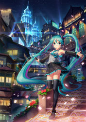 Rule 34 | 1girl, black footwear, black skirt, blue eyes, blue hair, blush, boots, chong feigiap, closed mouth, confetti, flower, hatsune miku, highres, knee boots, long hair, looking at viewer, night, outdoors, scenery, skirt, sky, smile, solo, stairs, star (sky), twintails, very long hair, vocaloid
