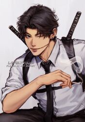 Rule 34 | 1boy, artist name, black eyes, black hair, black necktie, chainsaw man, chest harness, cigarette, collared shirt, ear piercing, formal, harness, highres, holding, holding cigarette, kishibe (chainsaw man), kishibe (young) (chainsaw man), leaning forward, lovelykujo, male focus, necktie, one eye closed, parted bangs, piercing, shirt, short hair, simple background, sleeves rolled up, smoke, solo, stitched mouth, stitches, suit, weapon, weapon on back, white background, white hair, white shirt