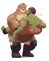 Rule 34 | 2boys, absurdres, bara, bear boy, beard, black hair, body markings, brown fur, carrying, carrying person, closed eyes, colored skin, commission, facial hair, fat, fat man, flash (wrestlecub), full body, furry, furry male, furry with non-furry, green skin, grin, highres, interlocked fingers, interspecies, jumperbear, large pectorals, loincloth, looking at another, male focus, mature male, monster boy, multiple boys, muscular, muscular male, nipple-to-nipple, nipples, orc, original, own hands together, pectoral docking, pectoral press, pectorals, pointy ears, short hair, size difference, smile, smirk, spread legs, thick eyebrows, thick thighs, thighs, topless male, tusks, wrestling, wrestling outfit, yaoi