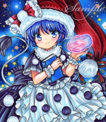 Rule 34 | 1girl, apron, back bow, blue background, blue eyes, blue hair, blush, book, bow, closed mouth, cowboy shot, doremy sweet, frilled sleeves, frills, fur-trimmed headwear, fur trim, hat, head tilt, holding, holding book, looking at viewer, marker (medium), nightcap, pom pom (clothes), red hat, rui (sugar3), sample watermark, short hair, short sleeves, smile, solo, star (symbol), tail, tapir tail, touhou, traditional media, watermark, white apron, white wrist cuffs, wrist cuffs
