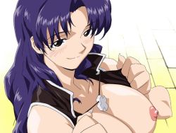 Rule 34 | 1girl, bare shoulders, black eyes, blue hair, blush, breasts, cross, cross necklace, earrings, exhibitionism, female focus, gradient background, jewelry, katsuragi misato, large breasts, long hair, looking at viewer, naughty face, necklace, neon genesis evangelion, nipples, no bra, open clothes, open shirt, public indecency, purple hair, shirt, smile, solo, yabusame