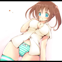 Rule 34 | 1girl, :o, blue eyes, blush, bow, bow panties, breasts, brown hair, chiri (atlanta), cleavage, highres, large breasts, letterboxed, navel, no bra, no pants, original, panties, short hair, short twintails, simple background, skindentation, solo, striped clothes, striped panties, striped thighhighs, thighhighs, twintails, underwear