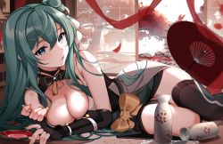 Rule 34 | 1girl, black gloves, black thighhighs, blue eyes, breasts, cleavage, cleavage cutout, clothing cutout, commentary, cup, dress, elbow gloves, fingerless gloves, gloves, green dress, hair between eyes, hair bun, highres, indie virtual youtuber, kiyochii, large breasts, lying, misu (vtuber), nail polish, on side, parted lips, paw print, sakazuki, side bun, single side bun, solo, symbol-only commentary, thighhighs, thighs, umbrella, virtual youtuber