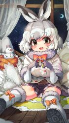 Rule 34 | 1girl, :3, :d, absurdres, animal ears, blush, bow, bowtie, brown eyes, commentary, curtains, finger heart, fur-trimmed sleeves, fur-trimmed thighhighs, fur collar, fur trim, grey hair, highres, indoors, kemono friends, looking at viewer, melaton, mountain hare (kemono friends), night, open mouth, pleated skirt, rabbit ears, rabbit girl, red bow, red bowtie, shoe soles, short hair, short sleeves, sitting, skirt, smile, solo, thighhighs, white hair, window, wooden floor, zettai ryouiki