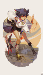 Rule 34 | 1girl, animal ears, bare shoulders, bike shorts, black shorts, black socks, breasts, bridal gauntlets, cat ears, cat girl, claws, closed mouth, detached sleeves, eyelashes, eyeliner, facial mark, full body, gauntlets, geolim, glowing, glowing eyes, high collar, highres, holding, holding sword, holding weapon, katana, kneehighs, looking away, makeup, medium breasts, multiple tails, ofuda, original, purple hair, red eyes, scabbard, sheath, sheathed, shirt, short hair, shorts, signature, sleeveless, sleeveless shirt, slit pupils, socks, solo, sword, tail, tassel, weapon, weapon on back, whisker markings, white shirt, wide sleeves