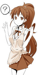 Rule 34 | 1girl, ?, arms up, brown eyes, brown hair, female focus, himura kiseki, long hair, monochrome, ponytail, simple background, solo, taneshima popura, white background, working!!