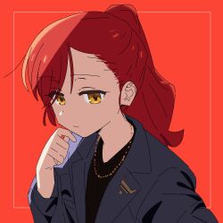Rule 34 | 1girl, alternate hairstyle, black jacket, blazer, bocchi the rock!, closed mouth, hand on own cheek, hand on own face, highres, jacket, jewelry, kerorira, kita ikuyo, long hair, long sleeves, looking afar, necklace, ponytail, red hair, swept bangs, yellow eyes