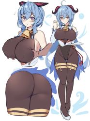 Rule 34 | 1girl, alternate breast size, ass, bare shoulders, blue hair, blush, bodysuit, grabbing another&#039;s breast, breasts, cowbell, from behind, from below, ganyu (genshin impact), genshin impact, grabbing, horns, huge ass, kuavera, large breasts, long hair, looking at viewer, low ponytail, multiple views, pantyhose, ponytail, purple eyes, smile, thighs, unfinished, very long hair