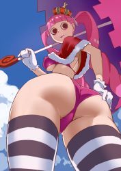 Rule 34 | 1girl, ass, bikini, blue sky, blunt bangs, breasts, capelet, cloud, covered erect nipples, crown, curry (dbt), drill hair, from below, gloves, hand on own hip, long hair, looking at viewer, looking back, mini crown, one piece, parasol, perona, pink bikini, pink hair, sky, smile, solo, striped clothes, striped thighhighs, swimsuit, thighhighs, twin drills, twintails, umbrella, underboob, white gloves