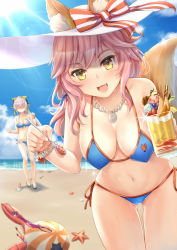 Rule 34 | 2girls, :d, animal ears, bare arms, bare shoulders, beach, bikini, blue bikini, blue sky, blush, breasts, cleavage, cloud, commentary request, cowboy shot, crab, cup, day, drink, drinking glass, ears through headwear, fate (series), food, fox ears, fox tail, groin, halterneck, hanging breasts, hat, hidden face, holding, holding cup, holding drinking glass, ice cream, jewelry, kiyohime (fate), kiyohime (swimsuit lancer) (third ascension) (fate), leaning forward, light rays, looking at viewer, medium breasts, multiple girls, necklace, ocean, open mouth, outdoors, pink bikini, pov, sand, side-tie bikini bottom, sky, smile, sparkle, spoon, standing, sun hat, sunbeam, sunlight, swimsuit, tail, tamamo (fate), tamamo no mae (fate/extra), tamamo no mae (swimsuit lancer) (fate), tamamo no mae (swimsuit lancer) (third ascension) (fate), thigh gap, thighs, white hat, yuemanhuaikong