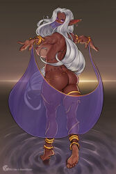 Rule 34 | 1girl, artist name, ass, back, bare shoulders, barefoot, bbc-chan, bracelet, commentary, dark-skinned female, dark skin, earrings, english commentary, face mask, from behind, full body, gold nails, grey hair, harem outfit, highres, jewelry, long hair, looking at viewer, looking back, mask, nail polish, nude, original, parted bangs, pointy ears, purple eyes, solo, standing, veil