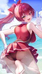 Rule 34 | 1girl, absurdres, ass, bare shoulders, barefoot, beach, black leotard, blue sky, blush, bow, breasts, cloud, cropped jacket, day, fang, from behind, gloves, gold trim, hair bow, heterochromia, highres, hololive, houshou marine, jacket, large breasts, leotard, leotard under clothes, long hair, looking at viewer, miniskirt, nemu iine, ocean, open mouth, outdoors, pleated skirt, ponytail, red bow, red eyes, red hair, red jacket, red skirt, sand, see-through, see-through leotard, skin fang, skirt, sky, sleeveless, sleeveless jacket, smile, solo, v, virtual youtuber, water, wet, white gloves, yellow eyes